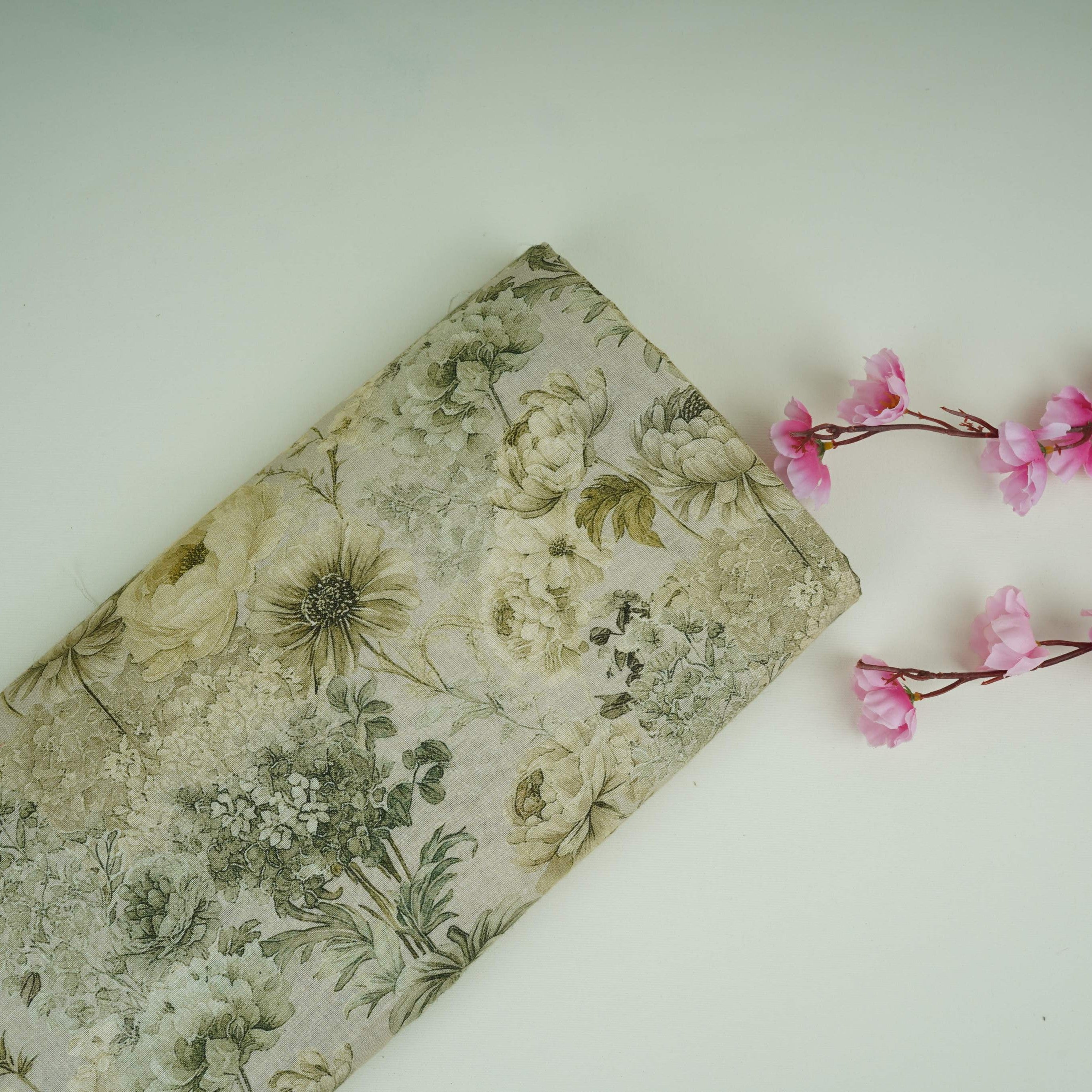 Olive Green Floral Print Cotton Linen Fabric RT-30973 - TradeUNO