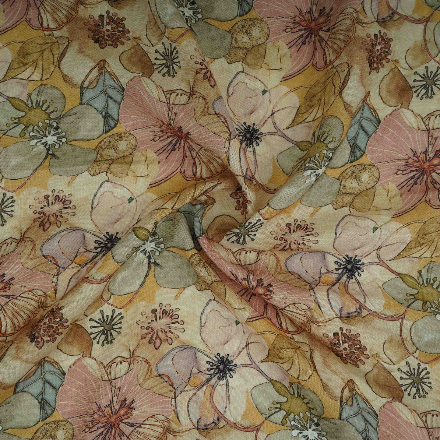 Cream Floral Print Cotton Linen Fabric RT-30972