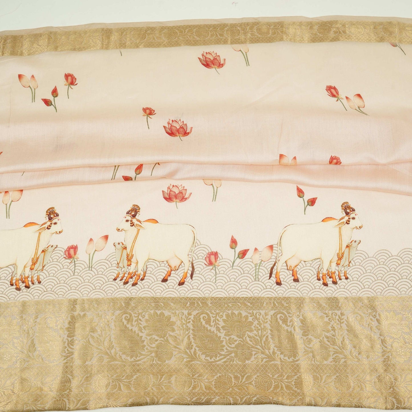 Off White Pichwai With Border Chiniya Silk Fabric CW-32578