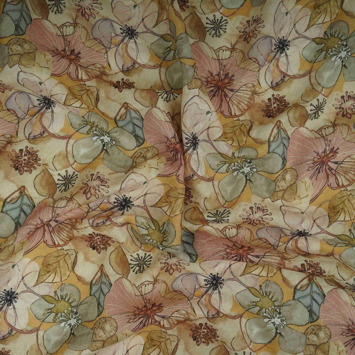 Cream Floral Print Cotton Linen Fabric RT-30972