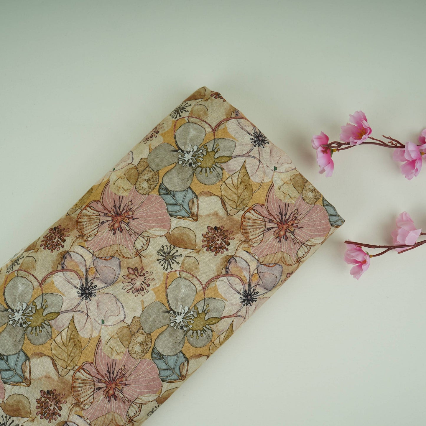Cream Floral Print Cotton Linen Fabric RT-30972