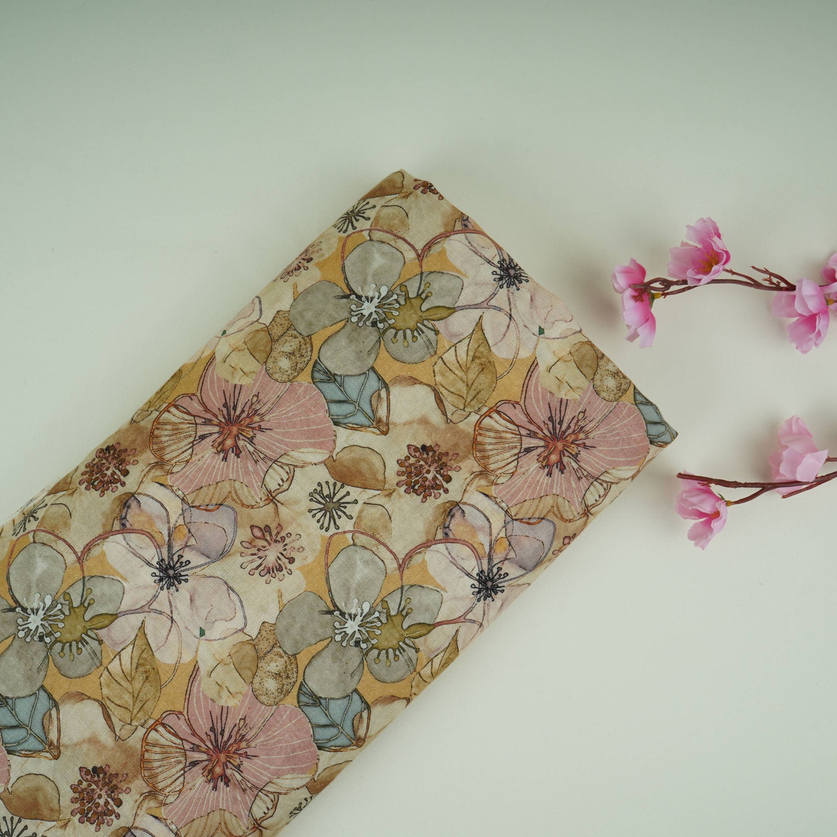Cream Floral Print Cotton Linen Fabric RT-30972 - TradeUNO