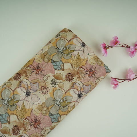 Cream Floral Print Cotton Linen Fabric RT-30972