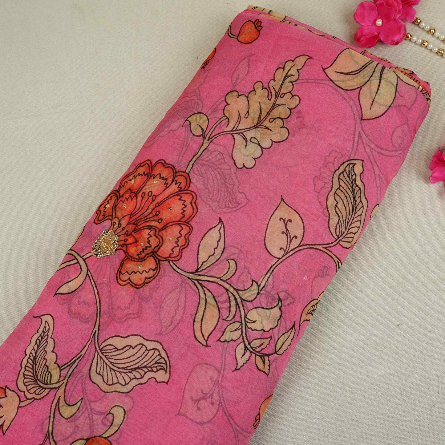 Pink Floral Cutdana Embroidery Organza Fabric VF-30625