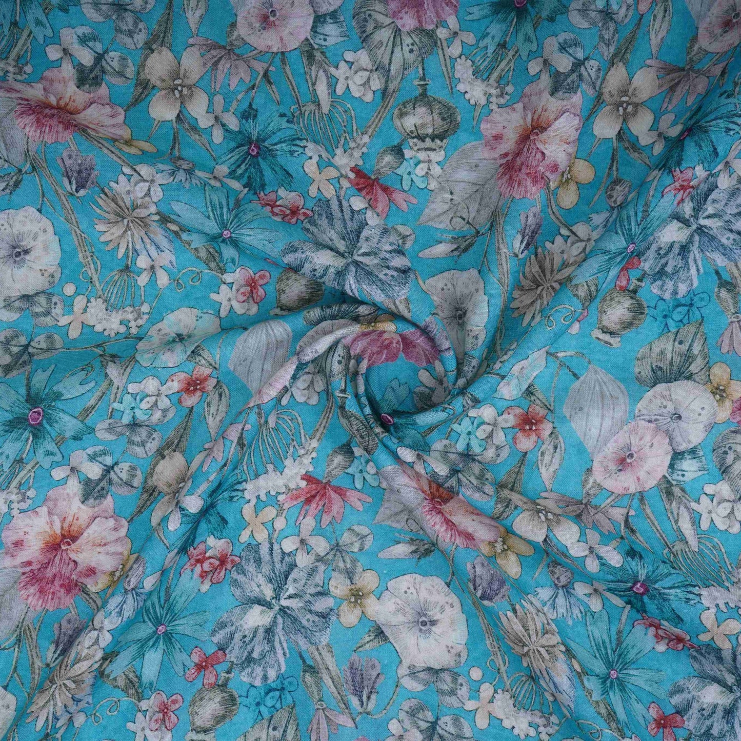 Sky Blue Floral Print Cotton Linen Fabric RT-30961