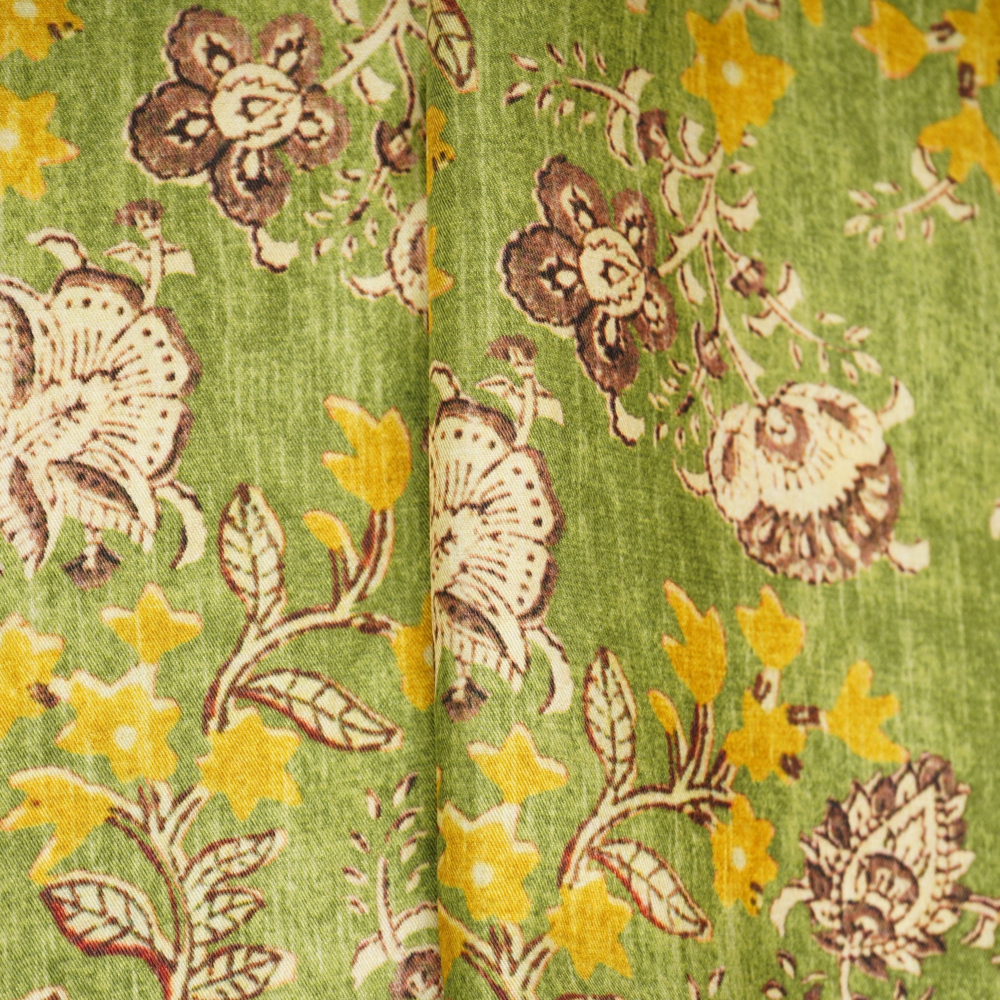 Green Yellow Floral Print Bemberg Gajji Silk
