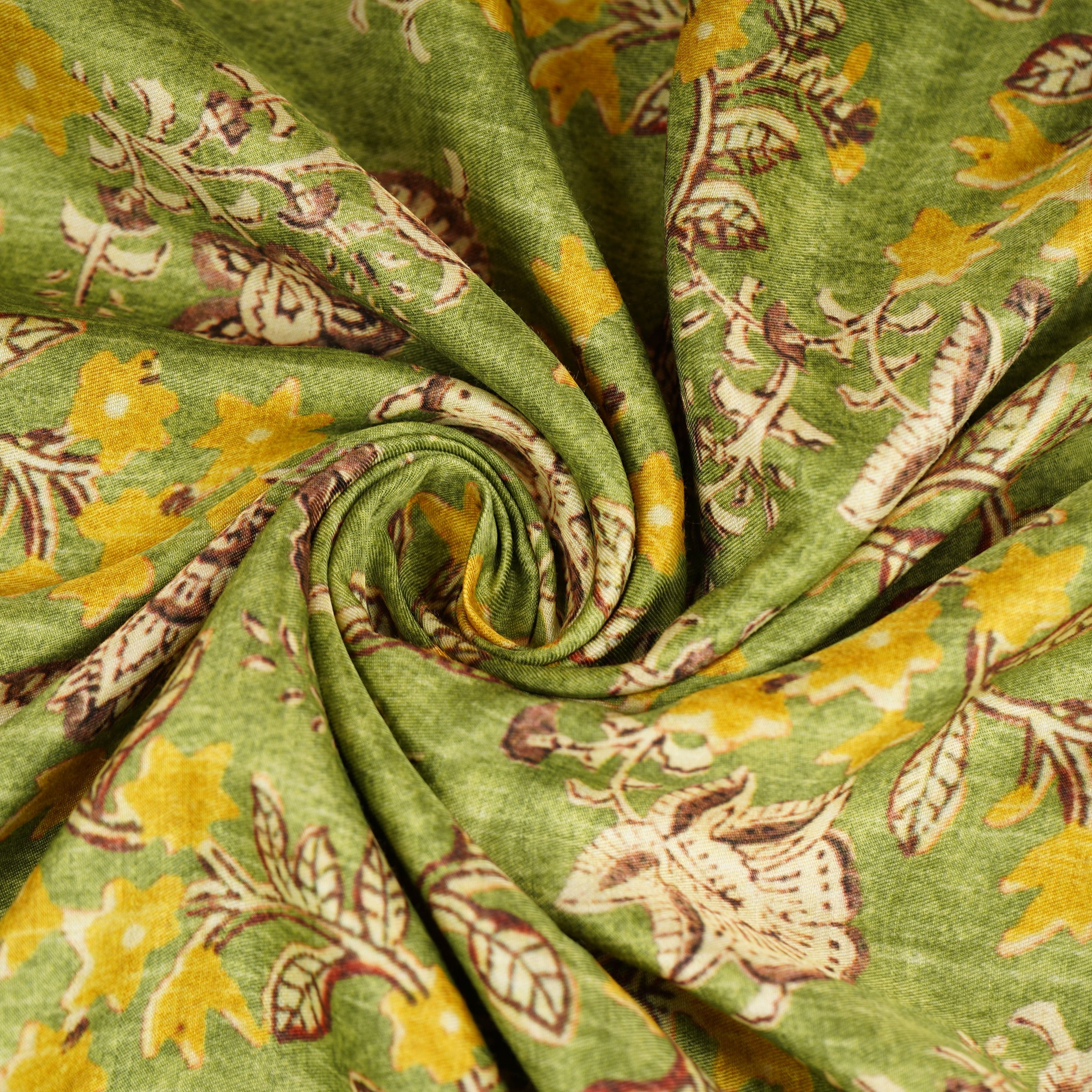Green Yellow Floral Print Bemberg Gajji Silk
