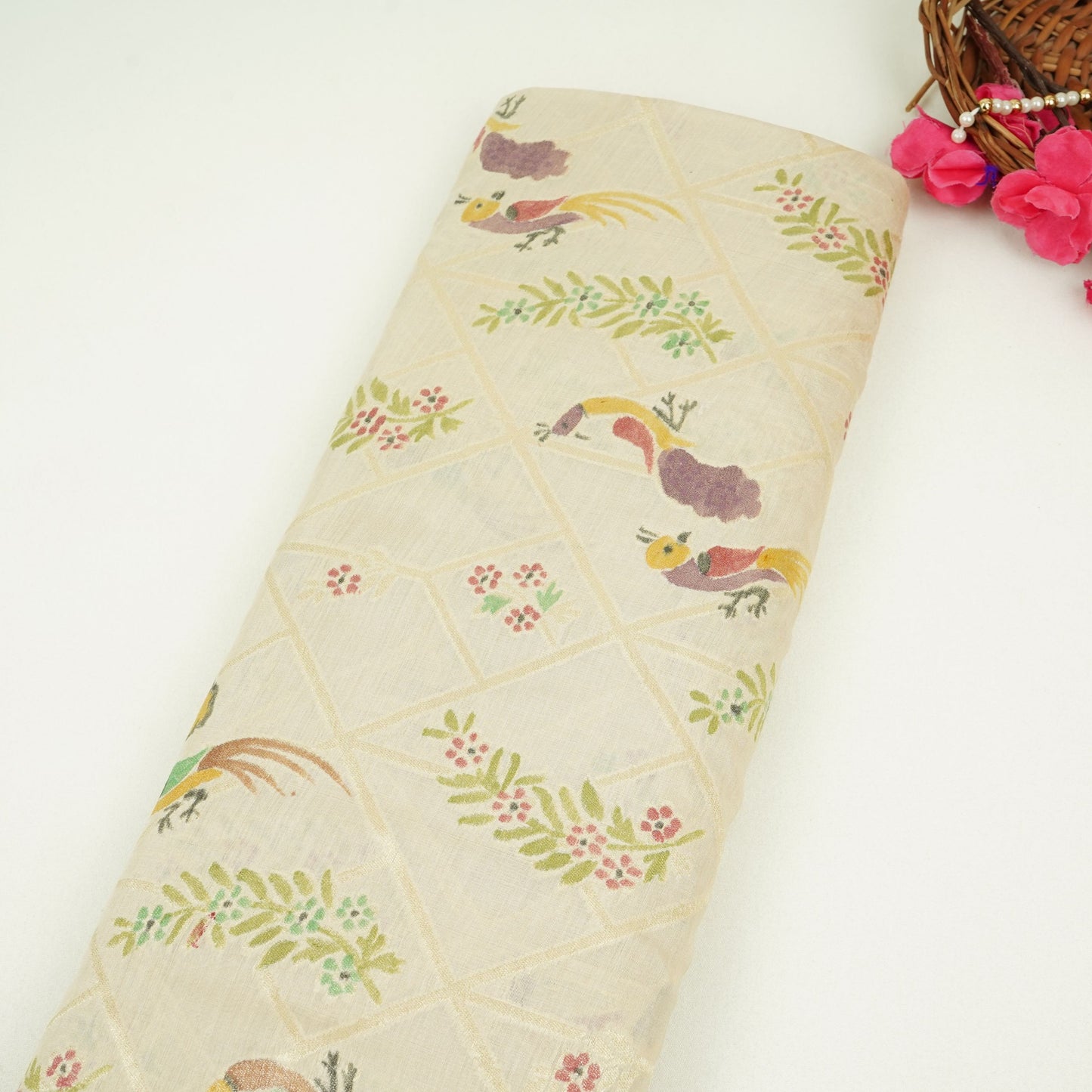 Off White Hand Painted Madhubani Weaving Munga Silk Fabric CW-32580