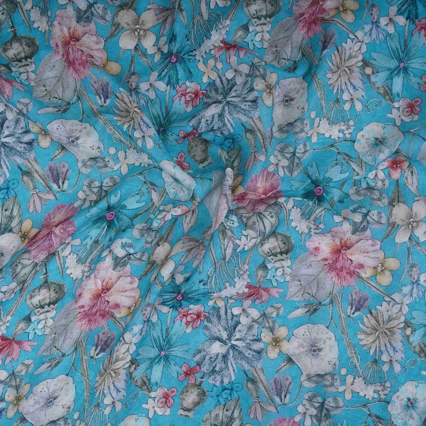 Sky Blue Floral Print Cotton Linen Fabric RT-30961