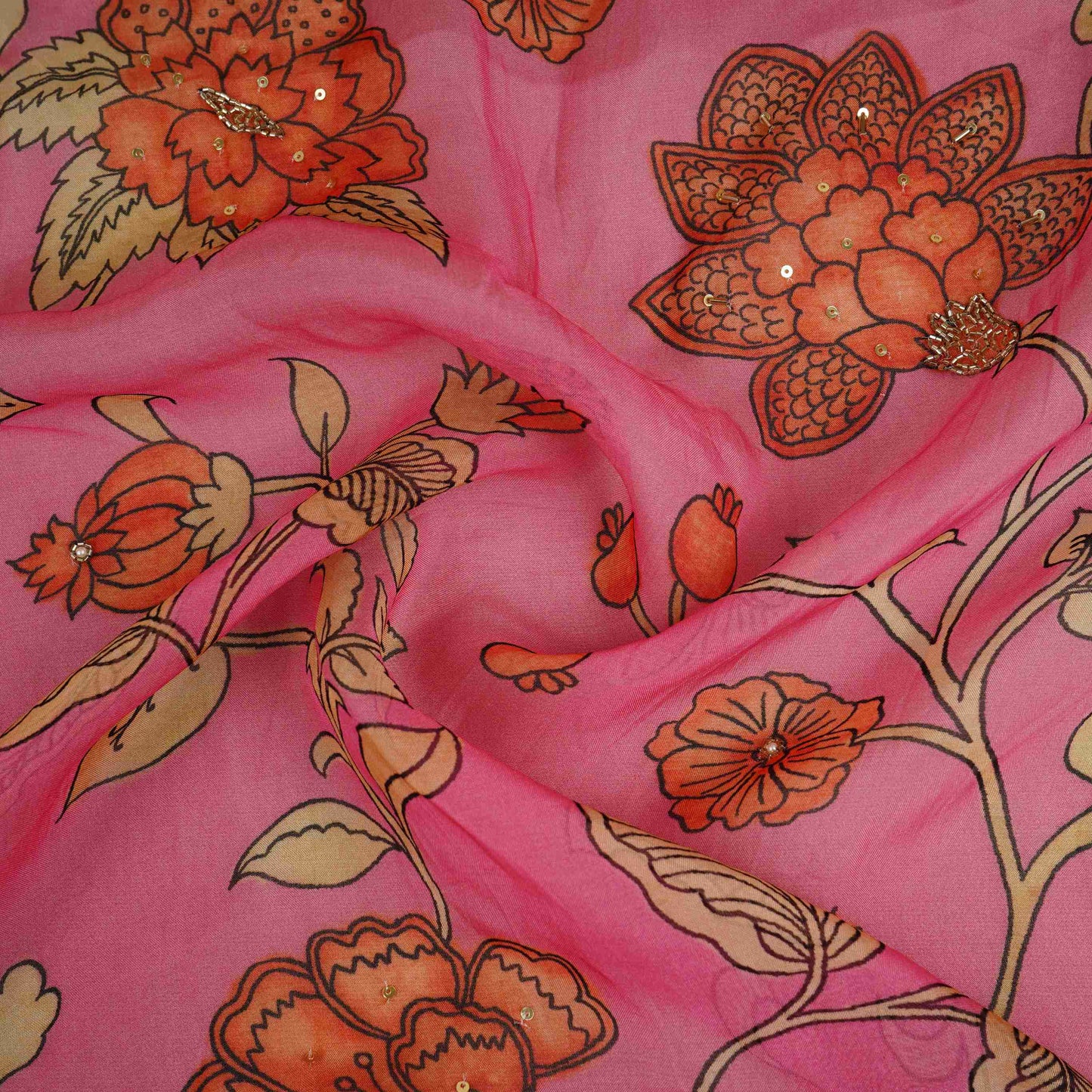Pink Floral Cutdana Embroidery Organza Fabric VF-30625