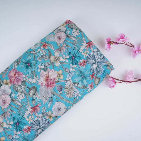 Sky Blue Floral Print Cotton Linen Fabric RT-30961