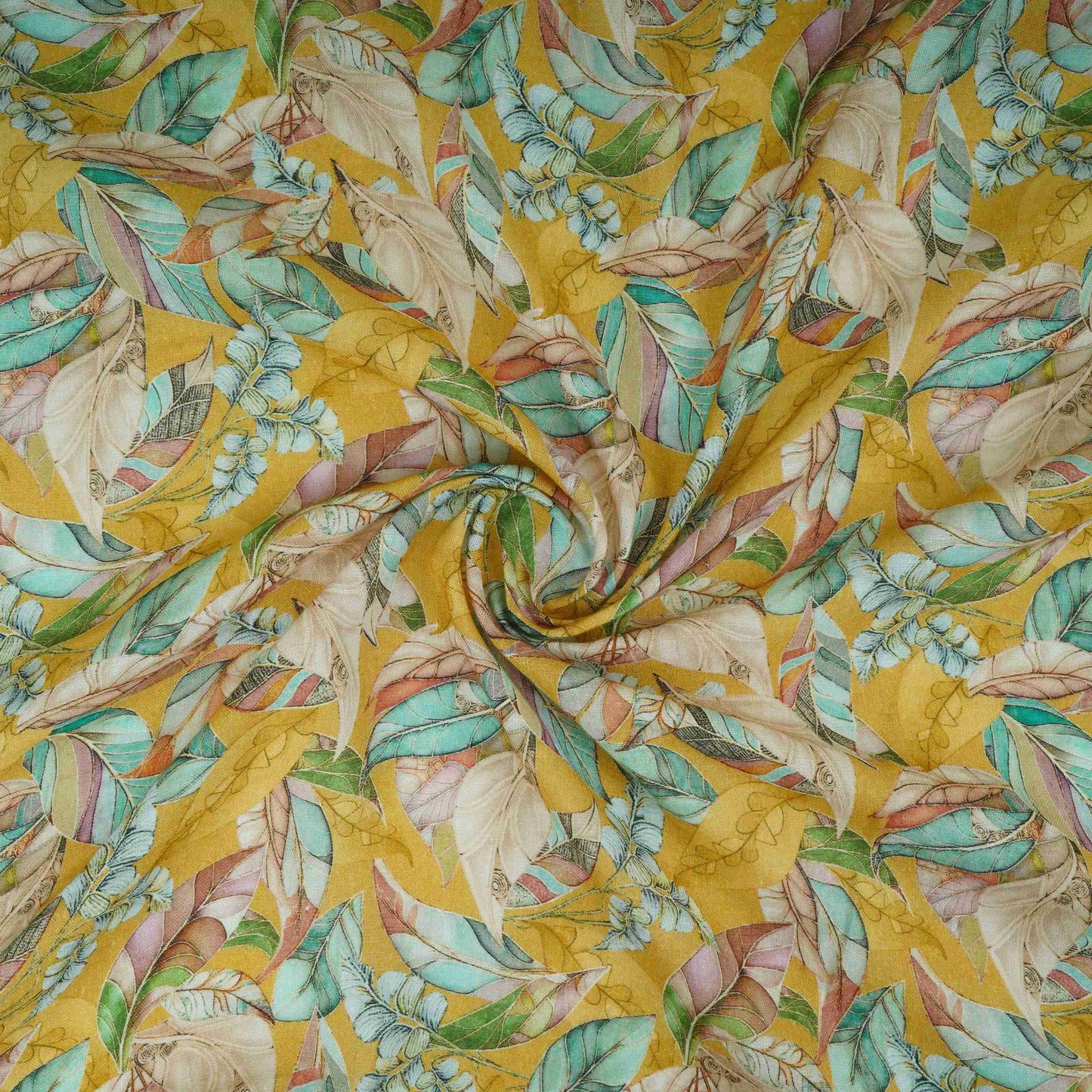 Mustard Yellow Floral Print Cotton Linen Fabric RT-30971