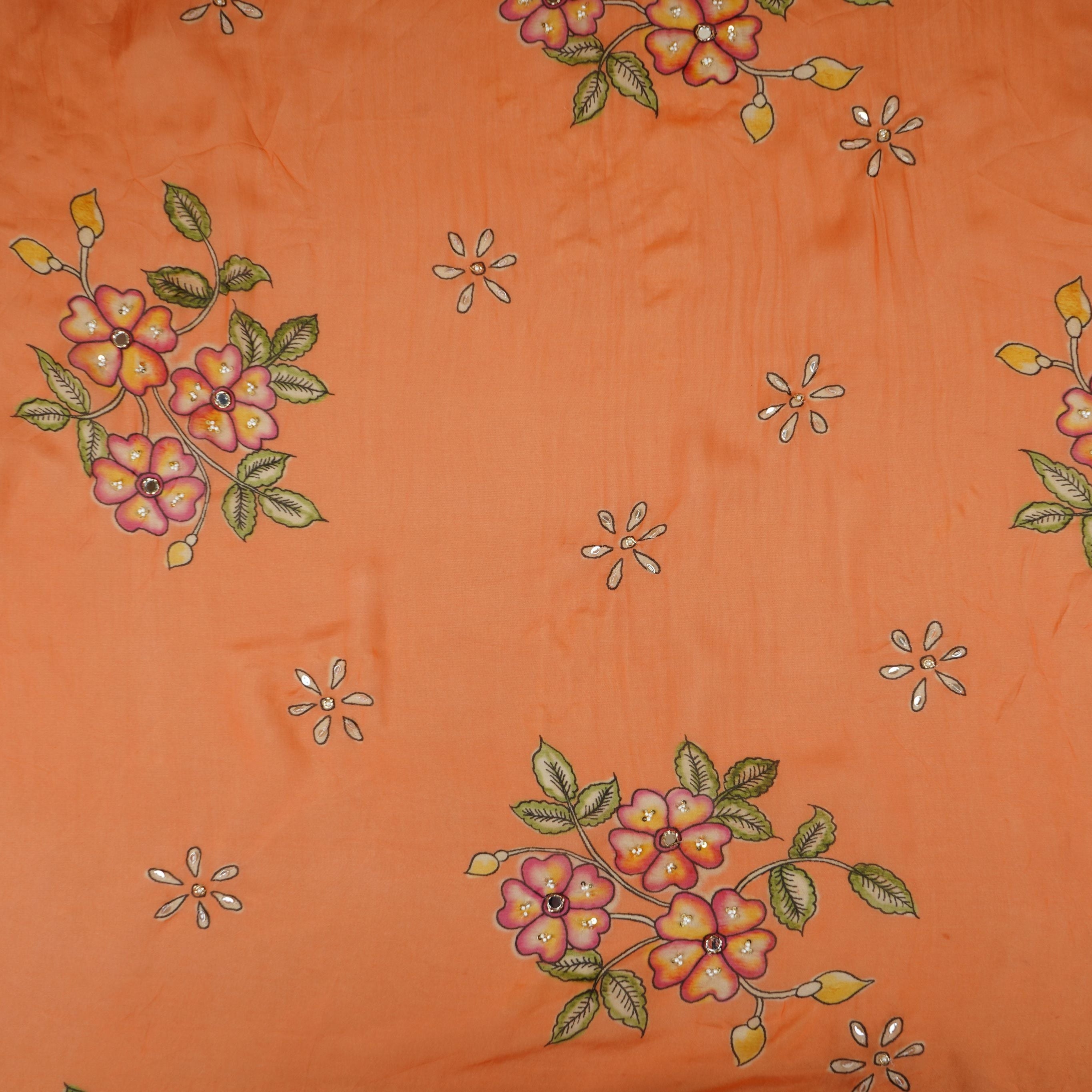 Peach Floral Cutdana Embroidery Organza Fabric VF-30624 - TradeUNO