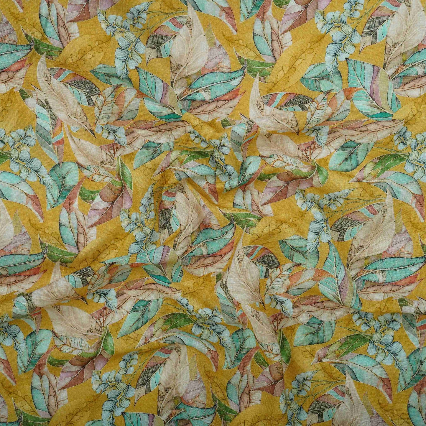Mustard Yellow Floral Print Cotton Linen Fabric RT-30971