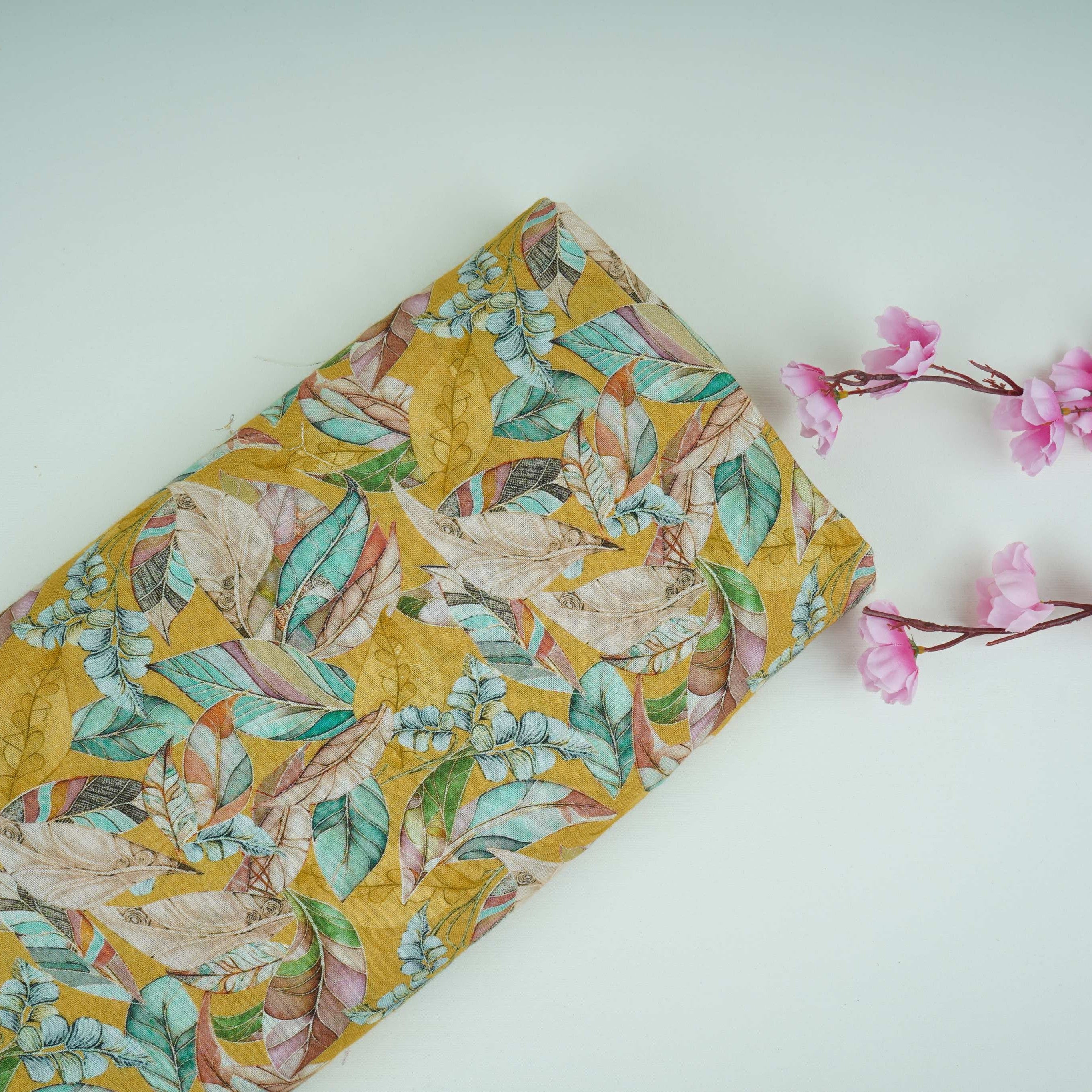 Mustard Yellow Floral Print Cotton Linen Fabric RT-30971 - TradeUNO