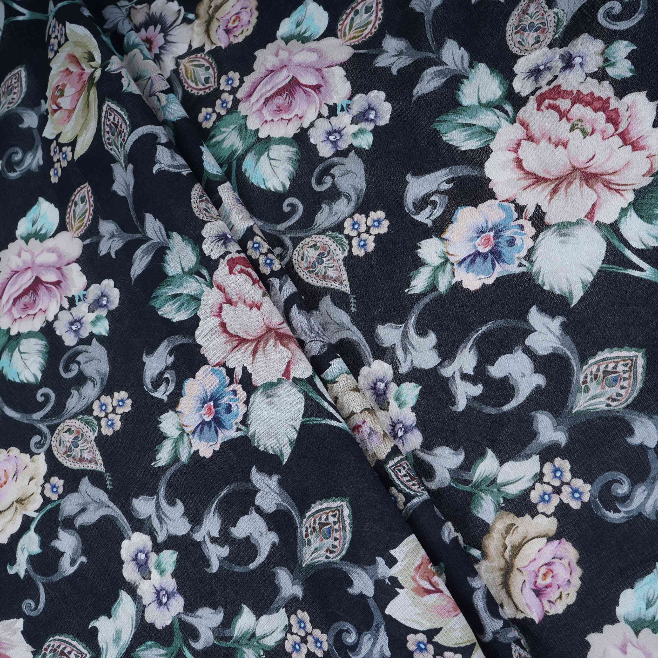 Black Floral Print Cotton Linen Fabric RT-30960 - TradeUNO