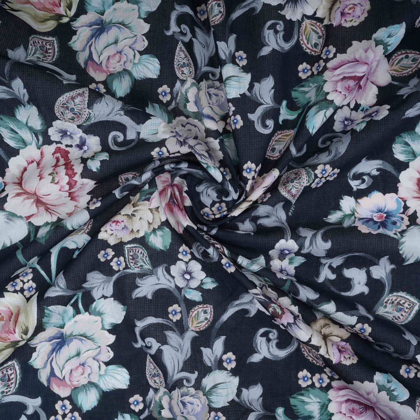 Black Floral Print Cotton Linen Fabric RT-30960