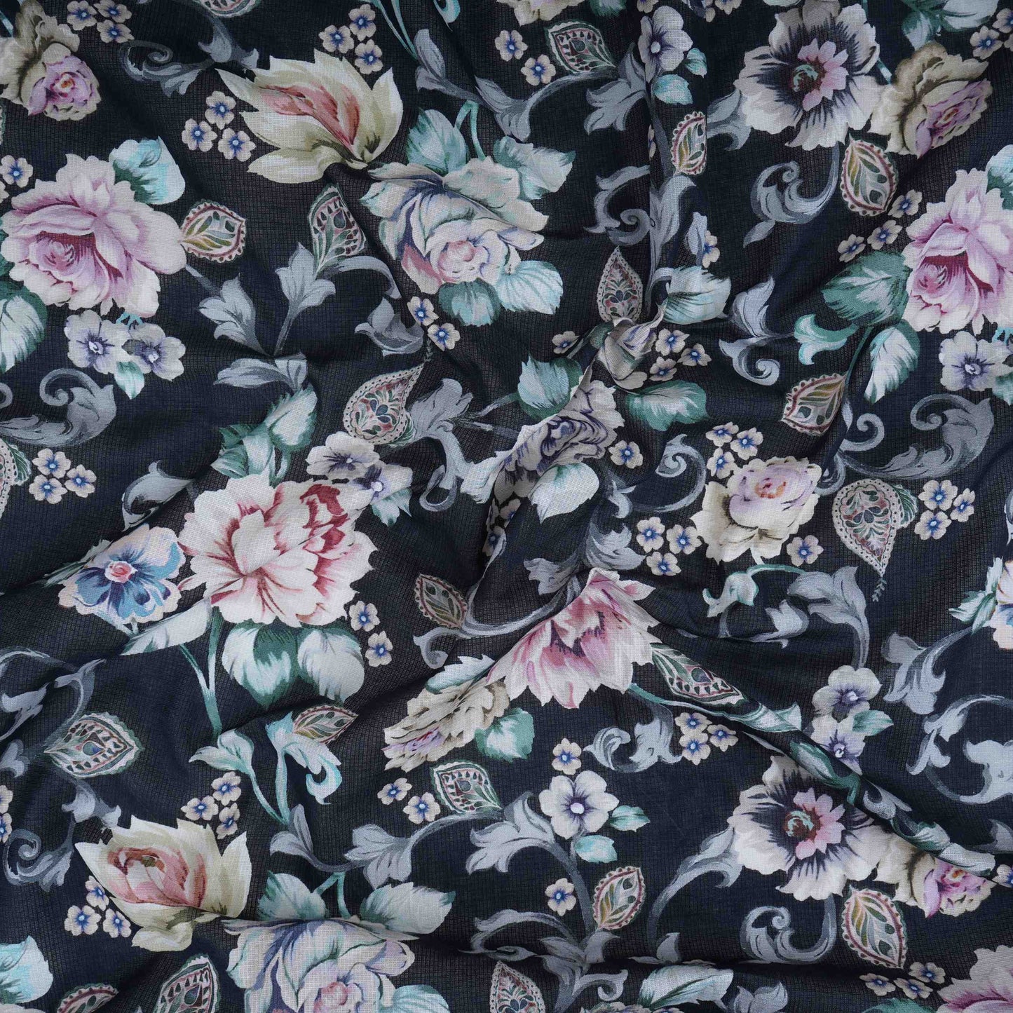 Black Floral Print Cotton Linen Fabric RT-30960