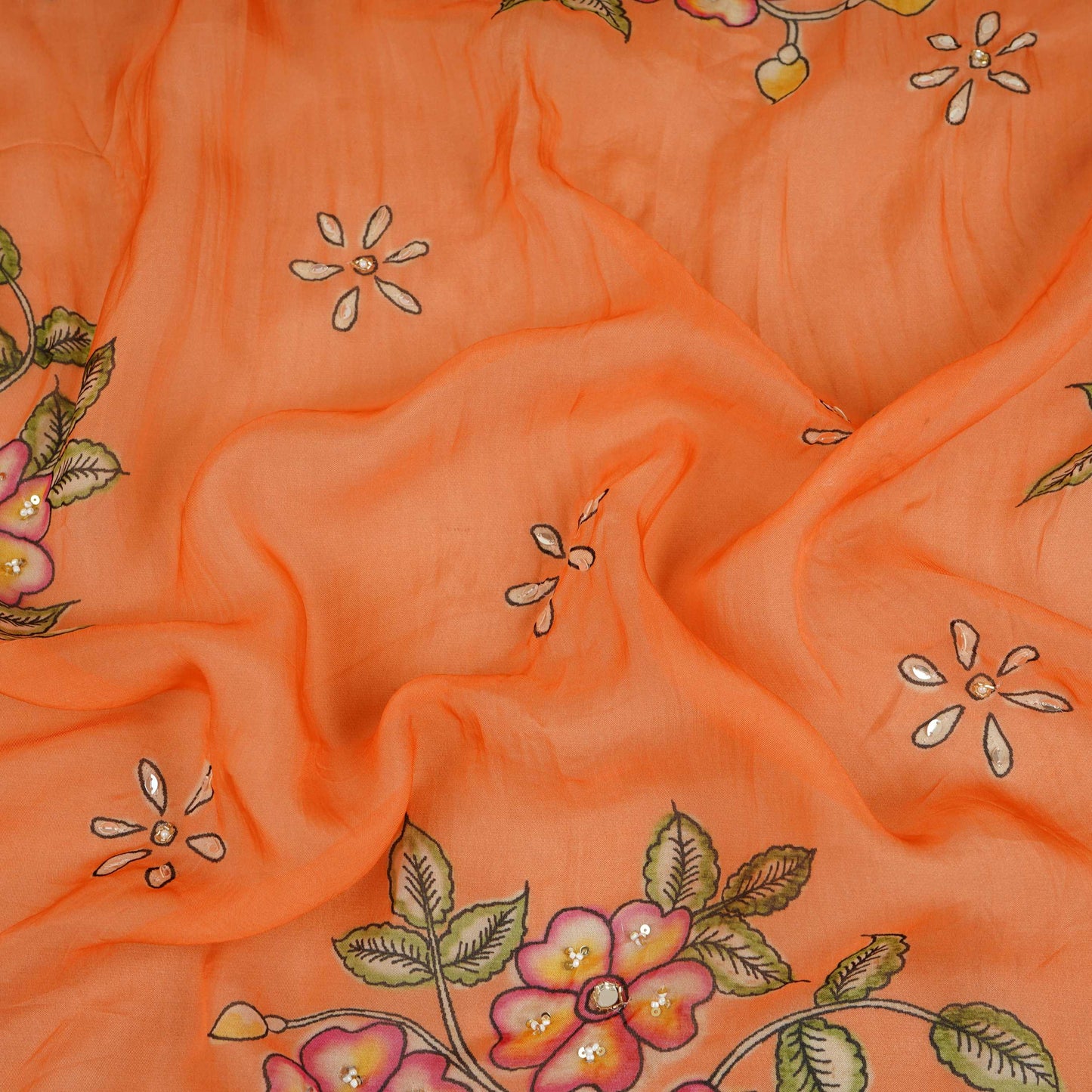 Peach Floral Cutdana Embroidery Organza Fabric VF-30624