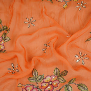 Peach Floral Cutdana Embroidery Organza Fabric VF-30624 - TradeUNO