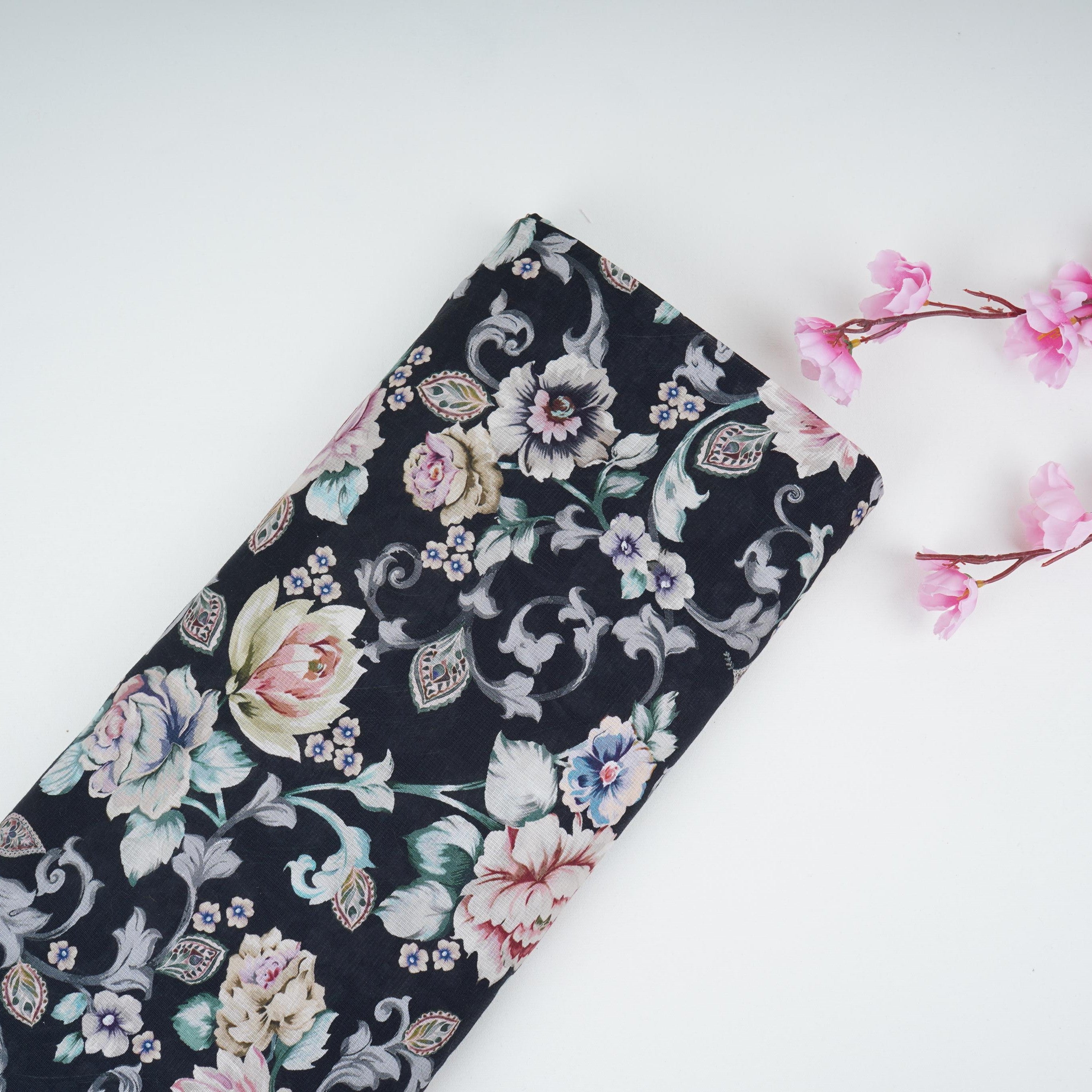 Black Floral Print Cotton Linen Fabric RT-30960 - TradeUNO