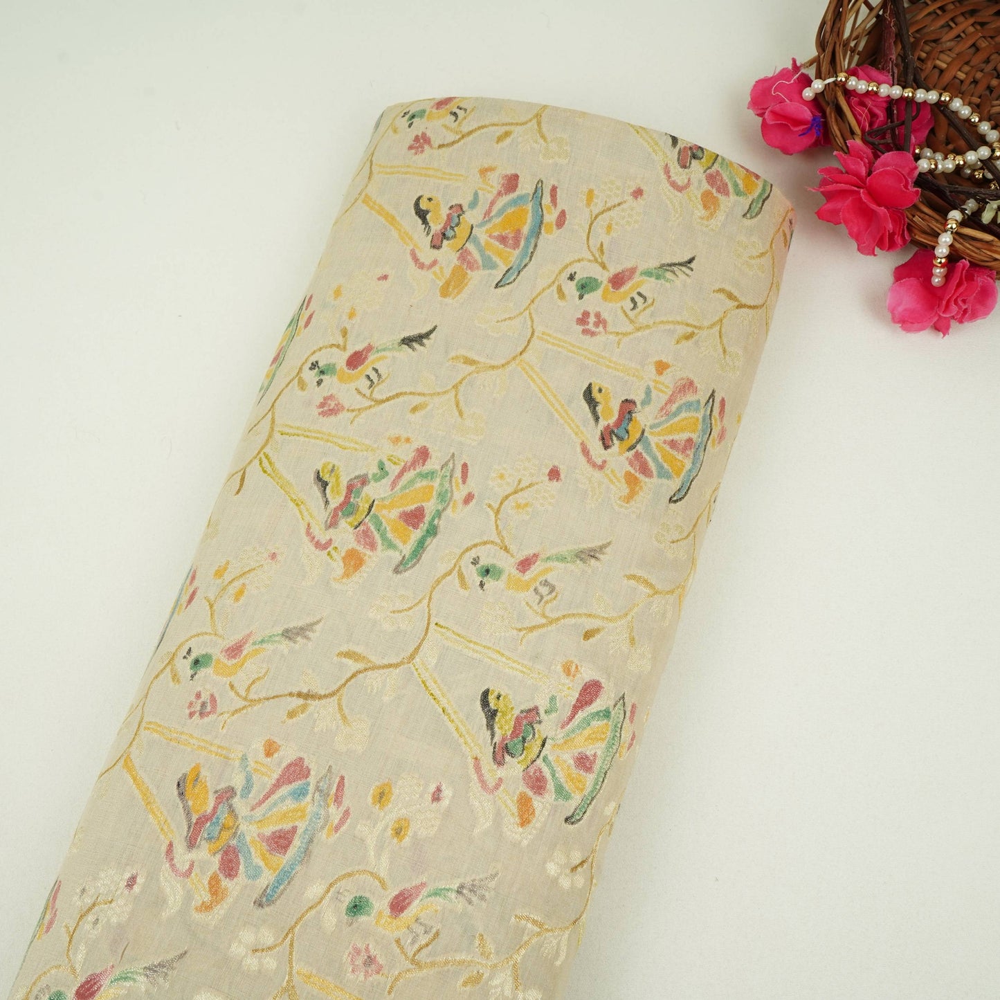 Off White Hand Painted Madhubani Weaving Munga Silk Fabric CW-32579