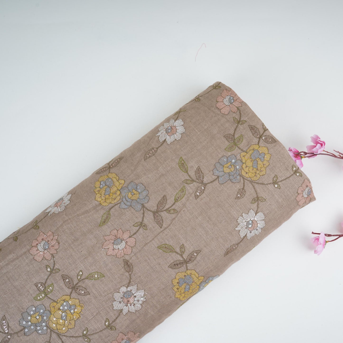 Light Brown floral embroidery Pure Cotton Linen Fabric VI-30993