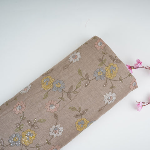 Light Brown floral embroidery Pure Cotton Linen Fabric VI-30993