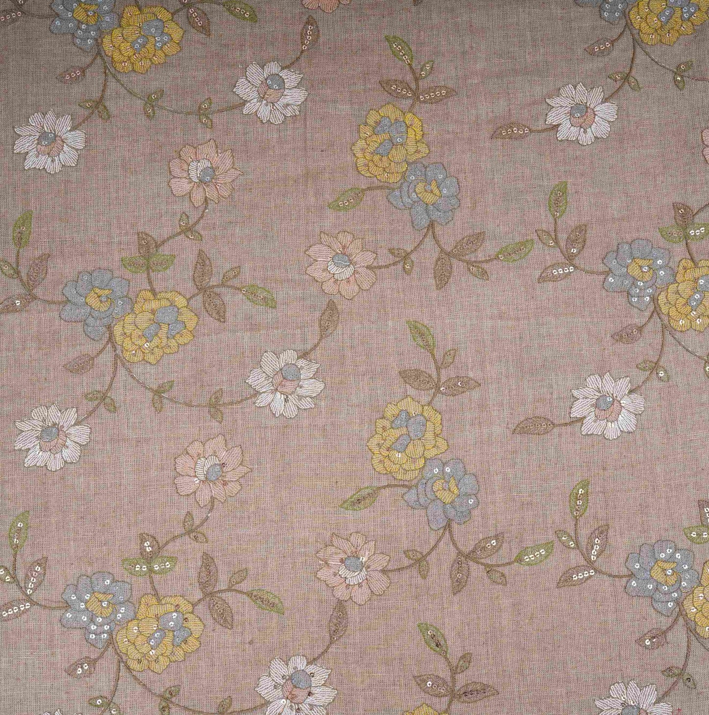 Light Brown floral embroidery Pure Cotton Linen Fabric VI-30993