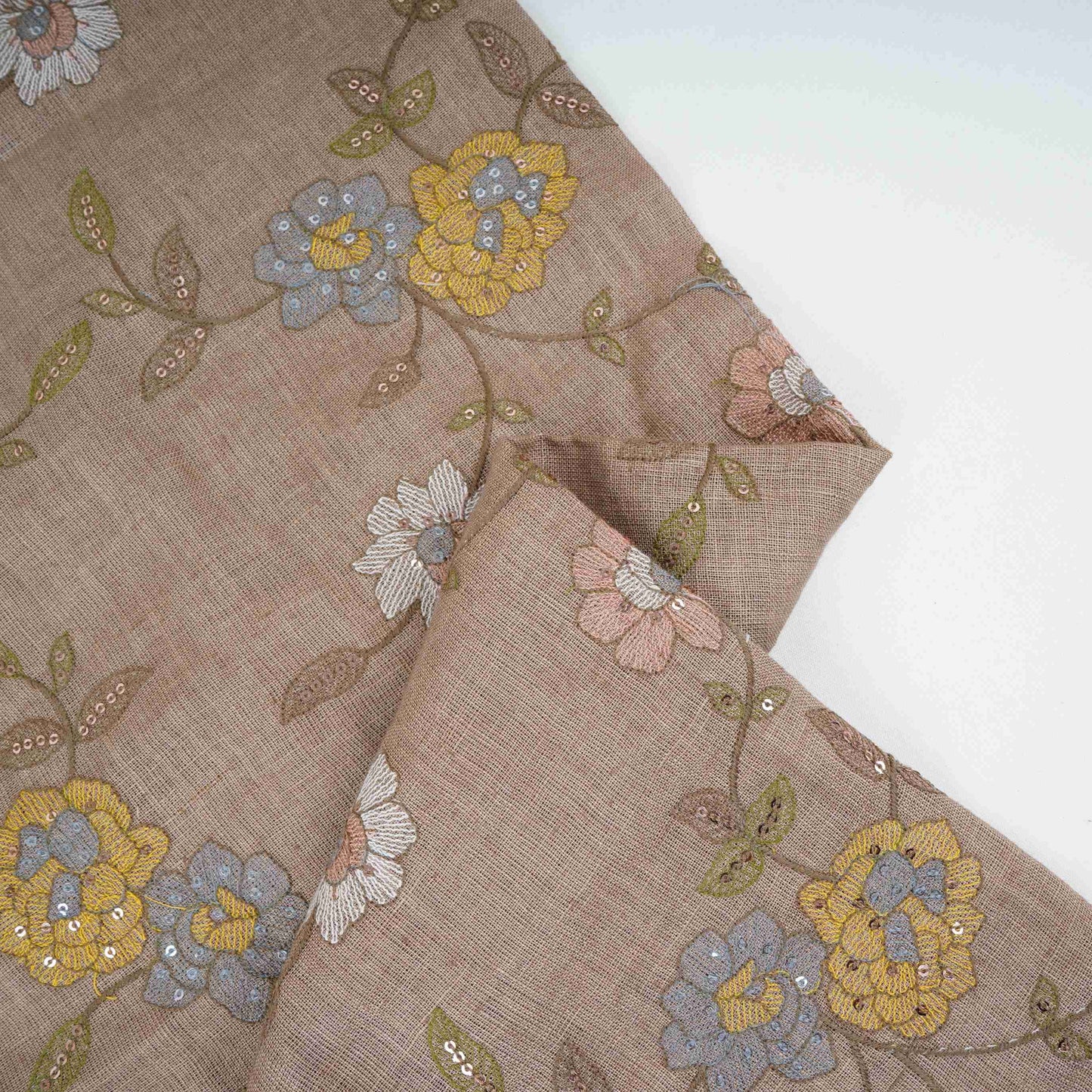 Light Brown floral embroidery Pure Cotton Linen Fabric VI-30993