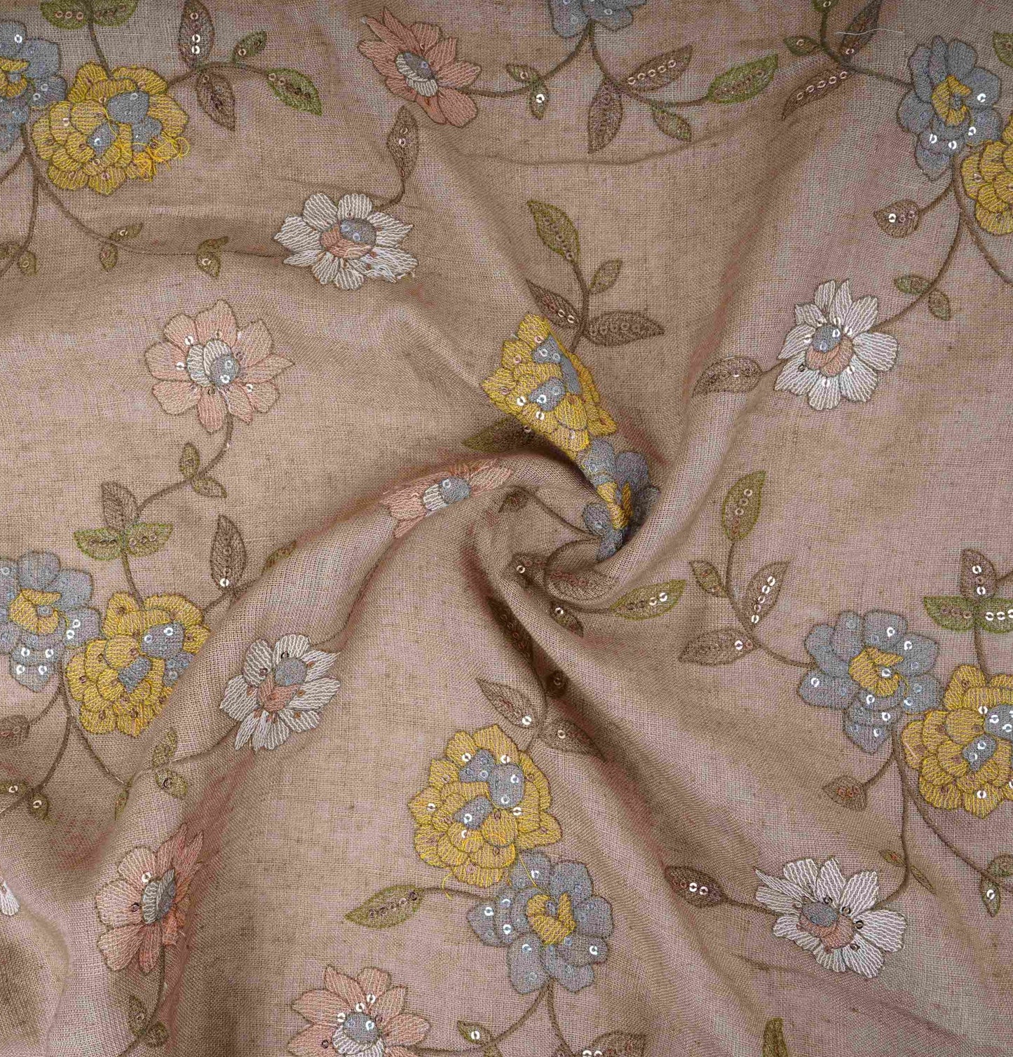 Light Brown floral embroidery Pure Cotton Linen Fabric VI-30993