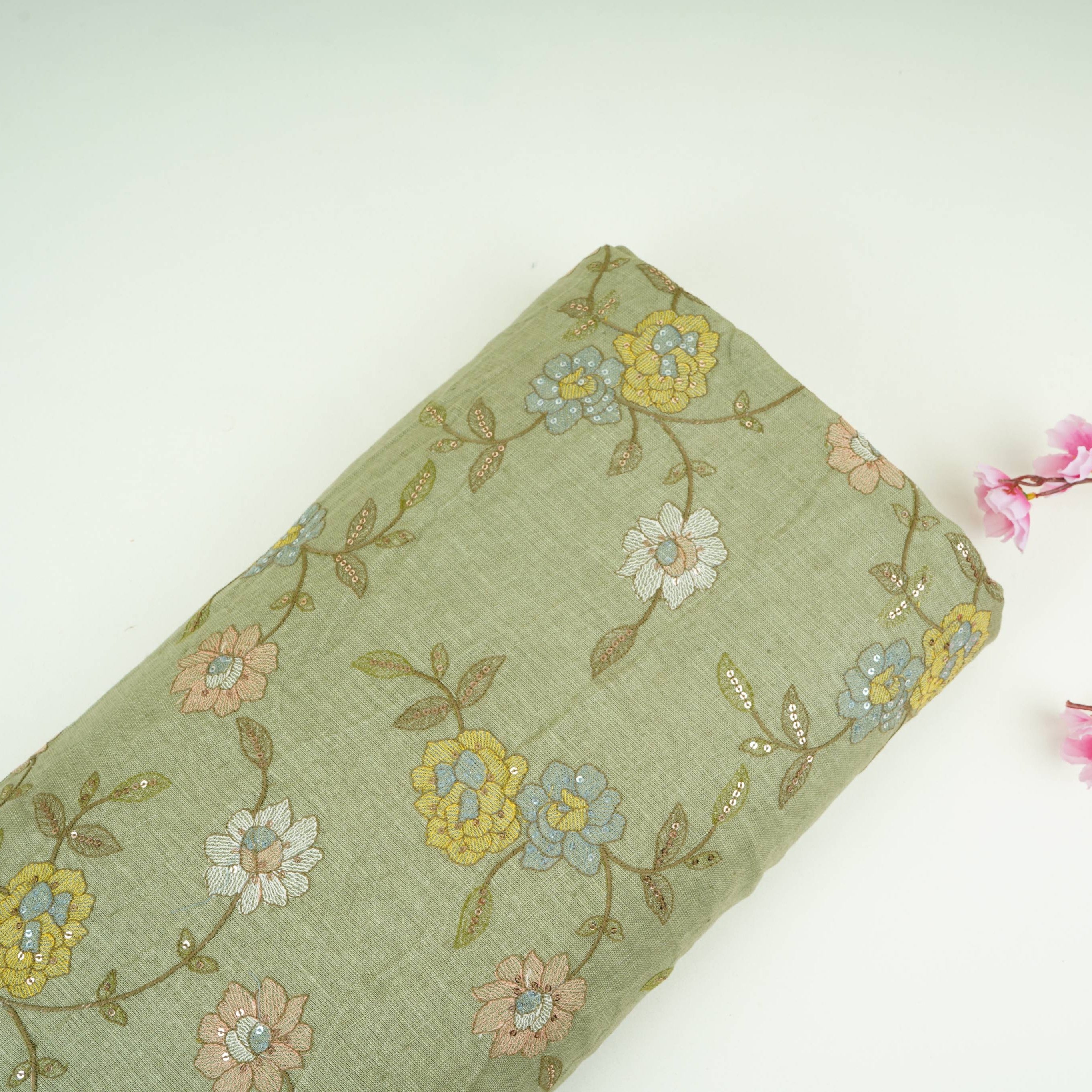 Pista Green floral embroidery Pure Cotton Linen Fabric VI-30994 - TradeUNO