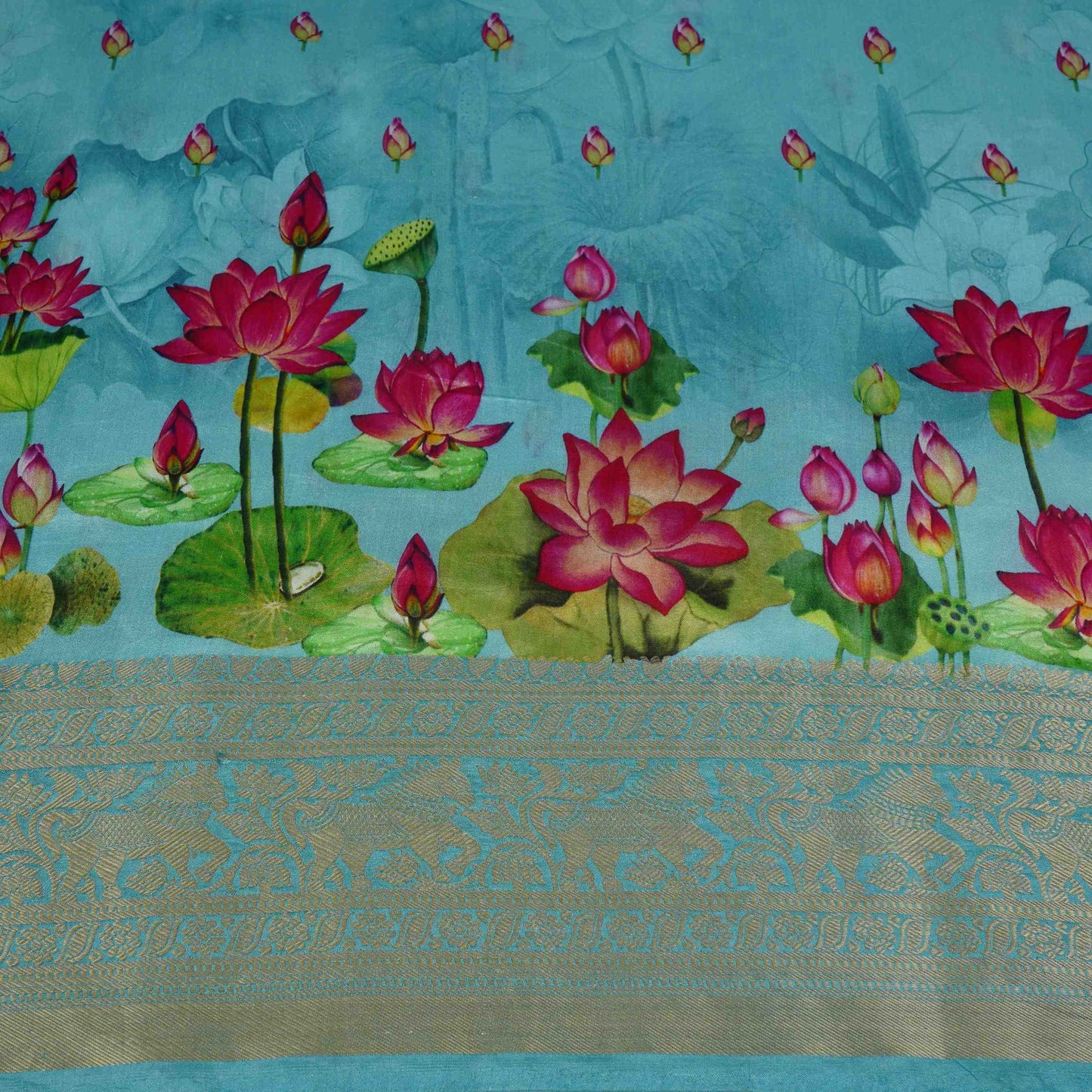 Blue Pichwai With Border Chiniya Silk Fabric CW-32575