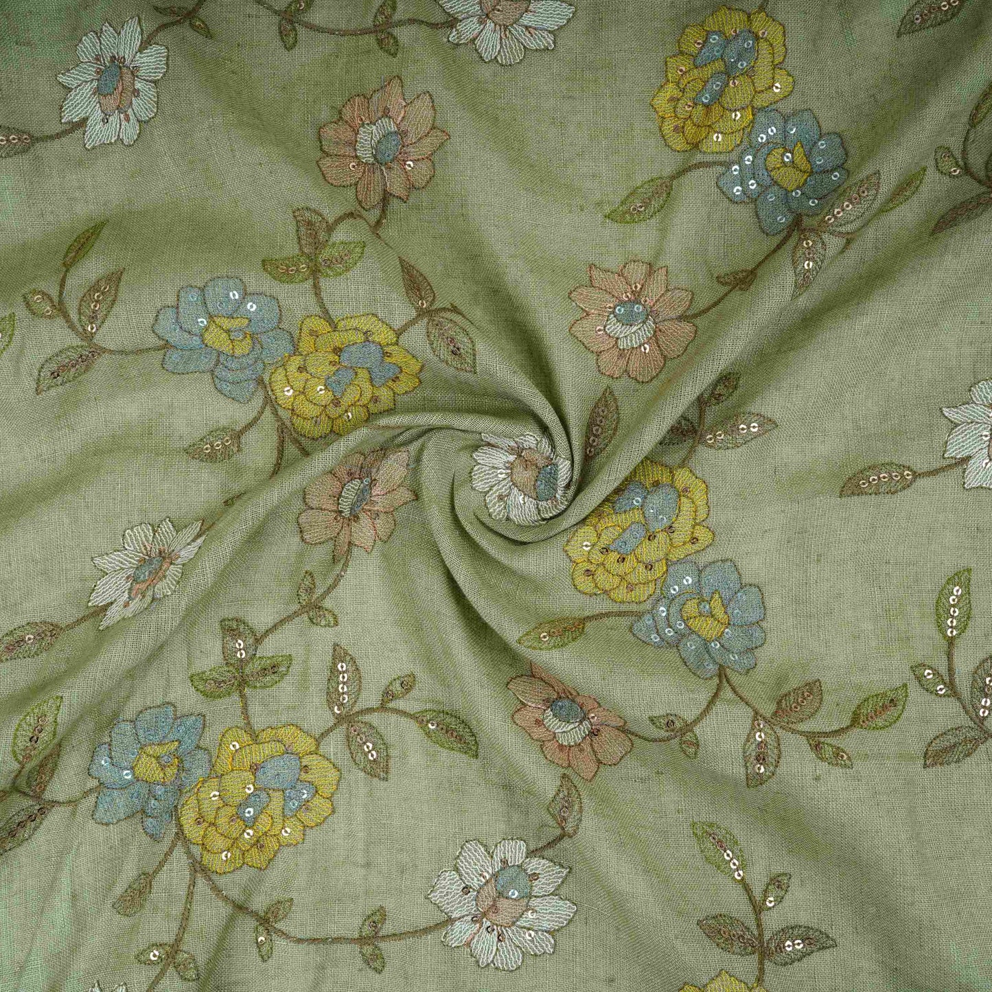 Pista Green floral embroidery Pure Cotton Linen Fabric VI-30994