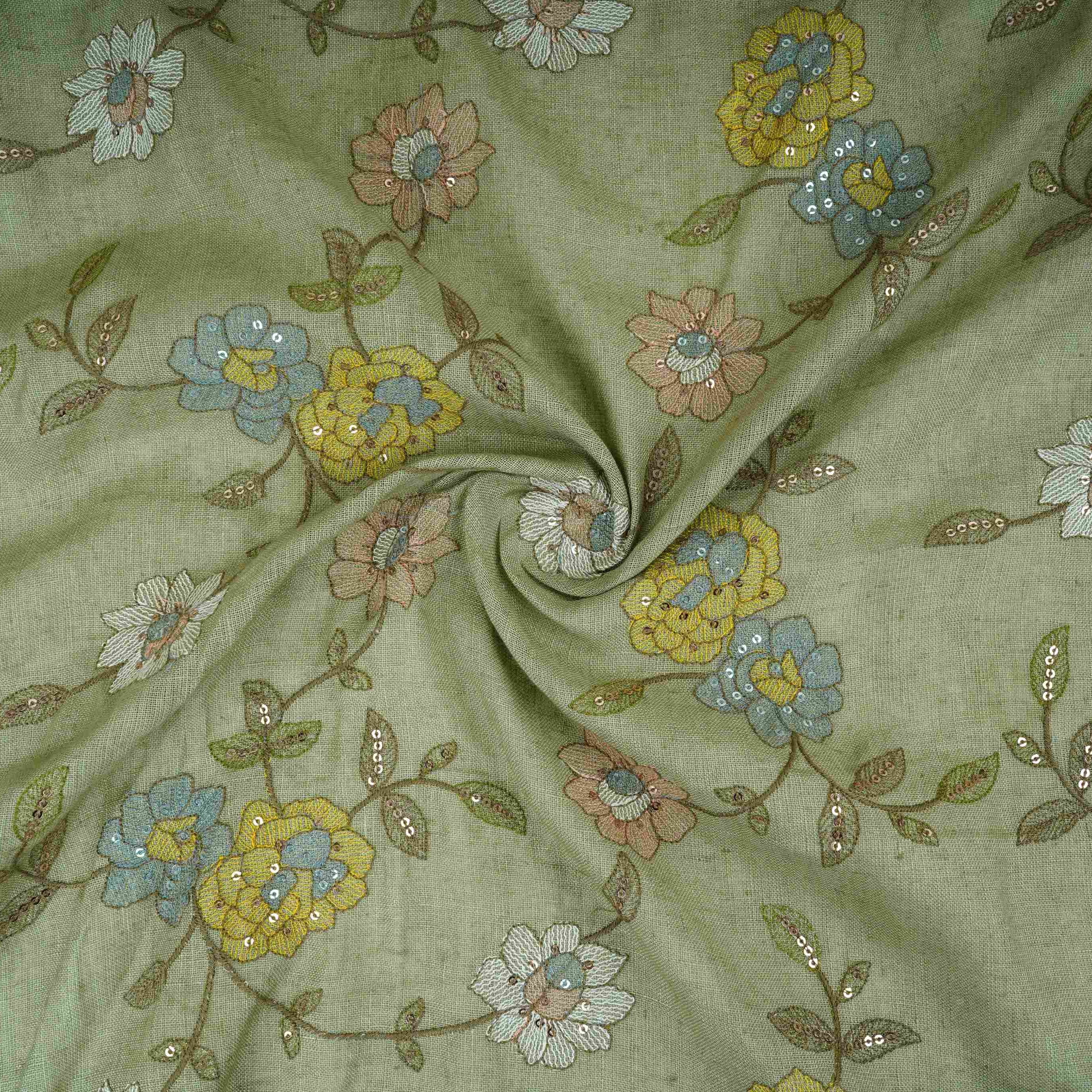 Pista Green floral embroidery Pure Cotton Linen Fabric VI-30994 - TradeUNO