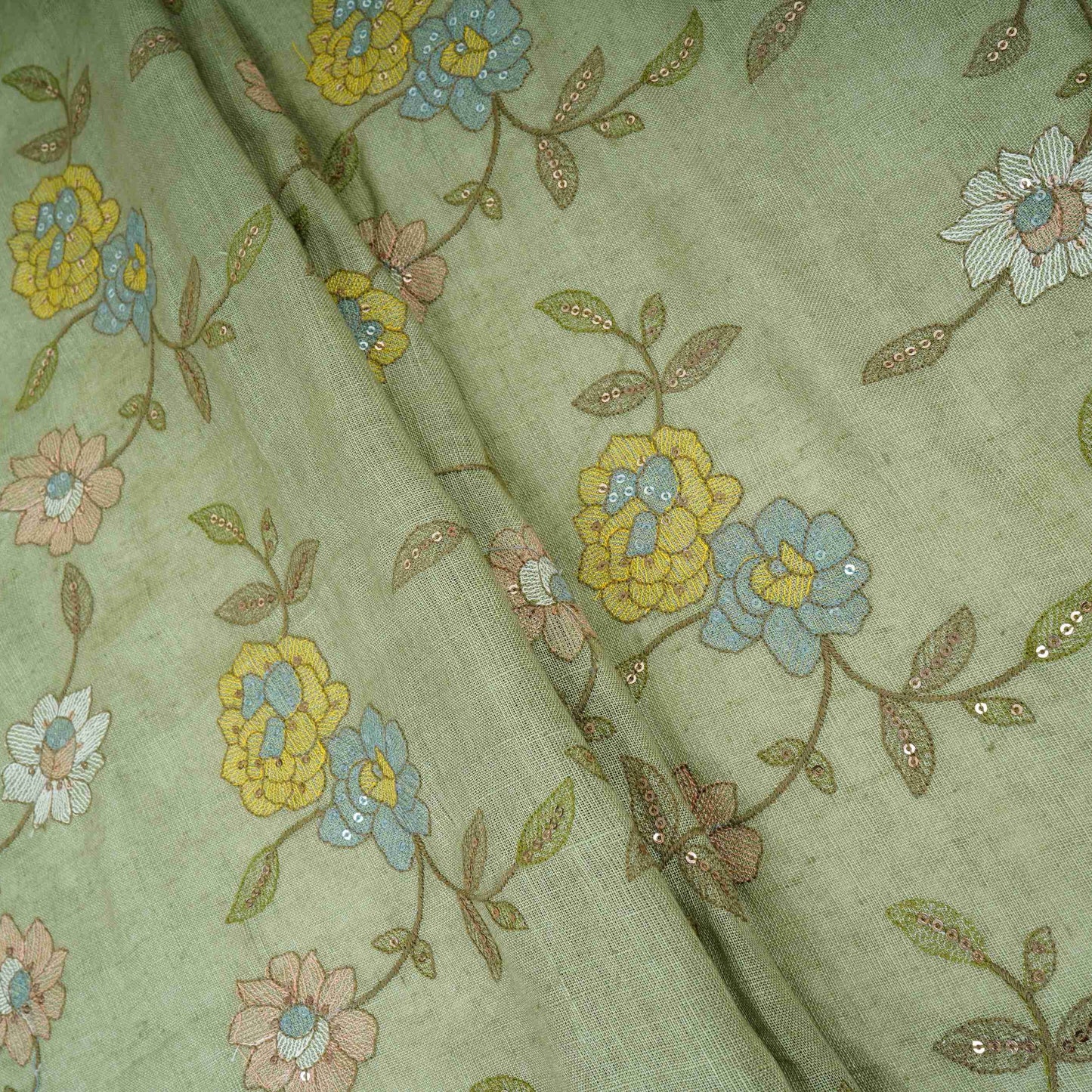 Pista Green floral embroidery Pure Cotton Linen Fabric VI-30994