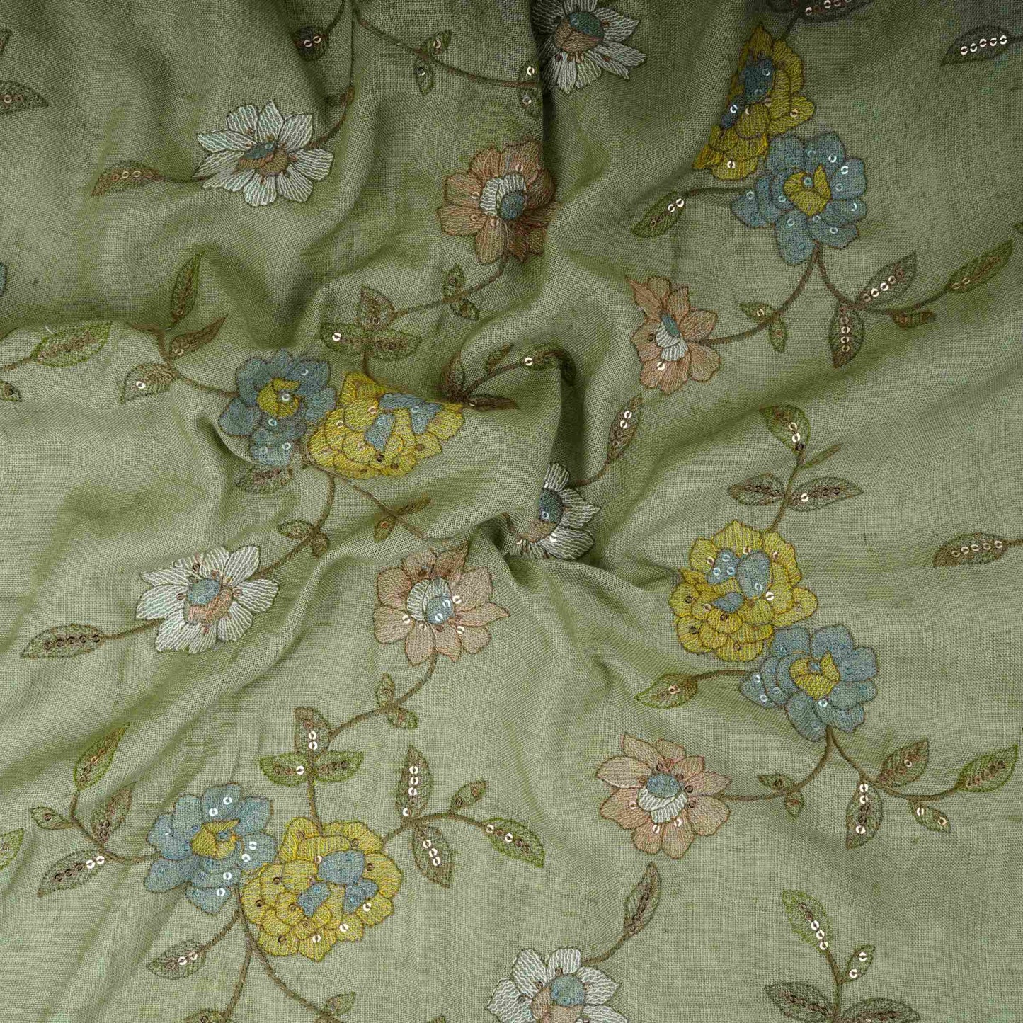 Pista Green floral embroidery Pure Cotton Linen Fabric VI-30994