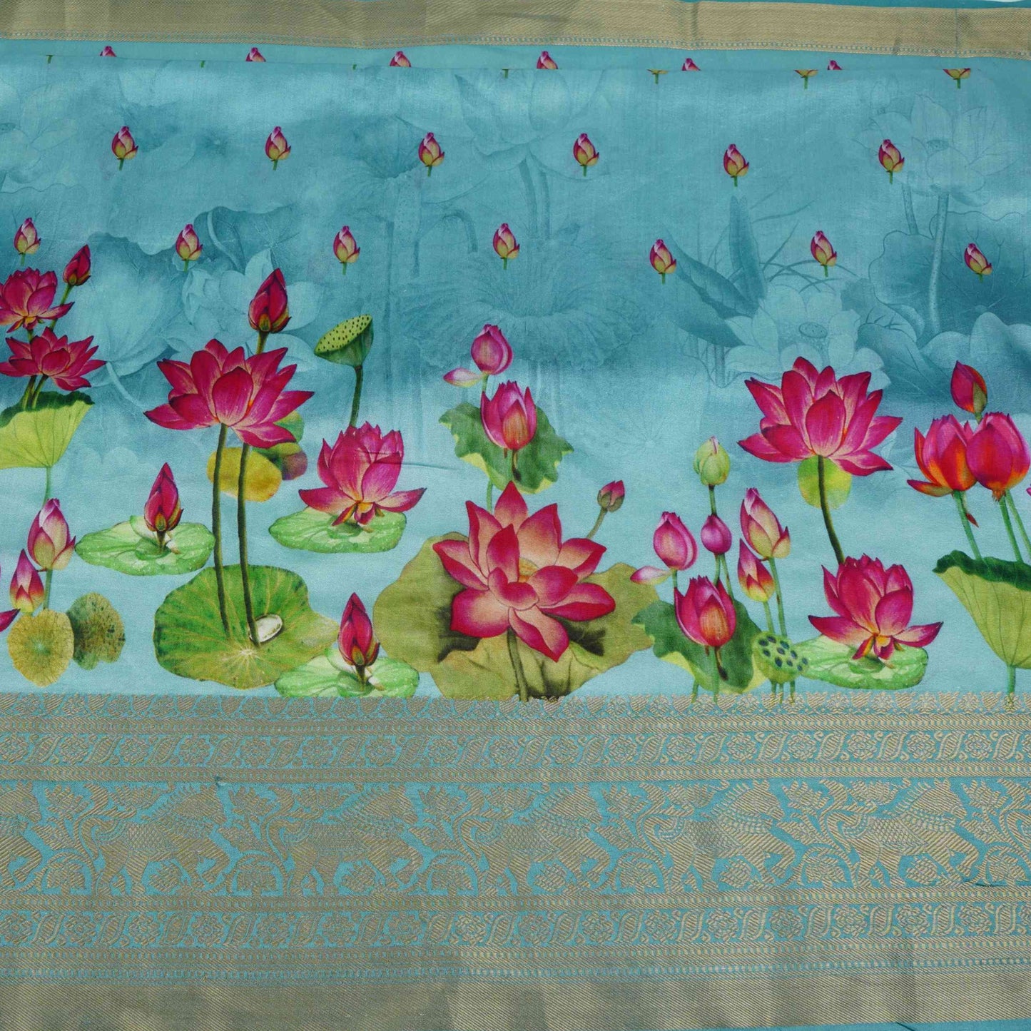 Blue Pichwai With Border Chiniya Silk Fabric CW-32575