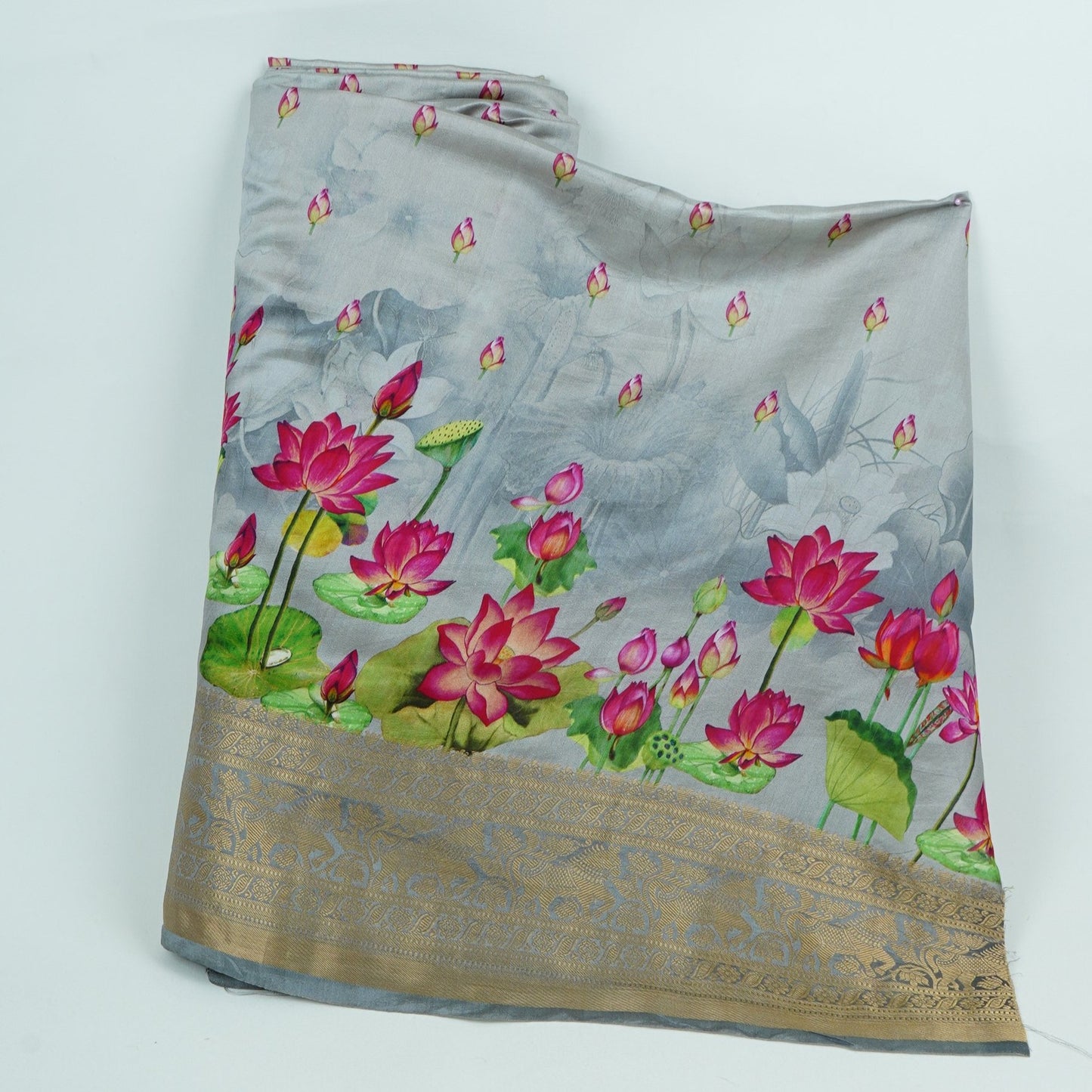 Grey Pichwai With Border Chiniya Silk Fabric CW-32576
