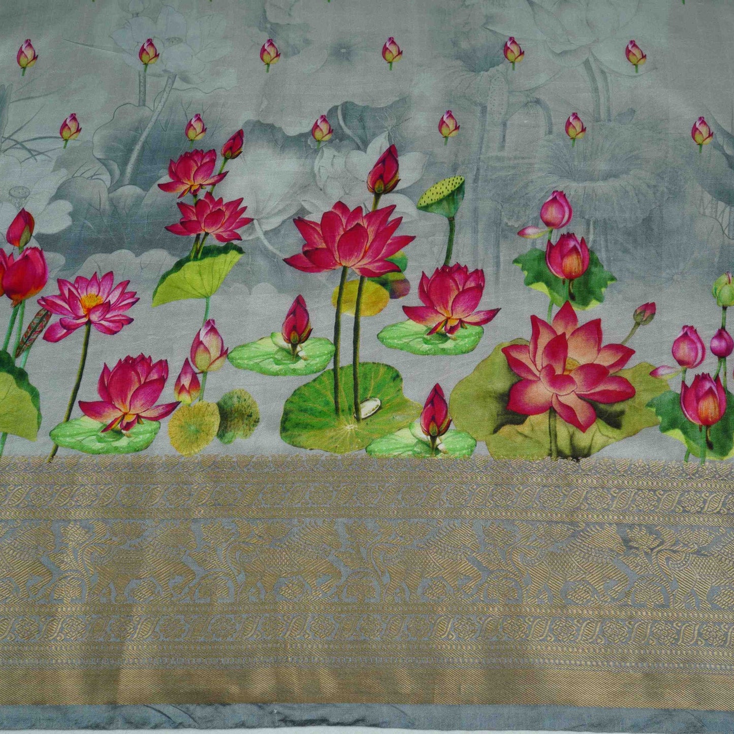 Grey Pichwai With Border Chiniya Silk Fabric CW-32576