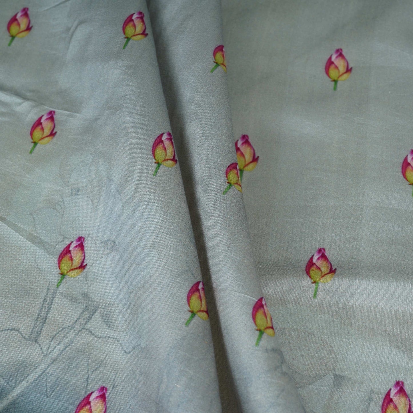 Grey Pichwai With Border Chiniya Silk Fabric CW-32576