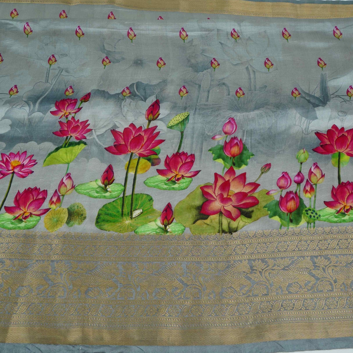 Grey Pichwai With Border Chiniya Silk Fabric CW-32576
