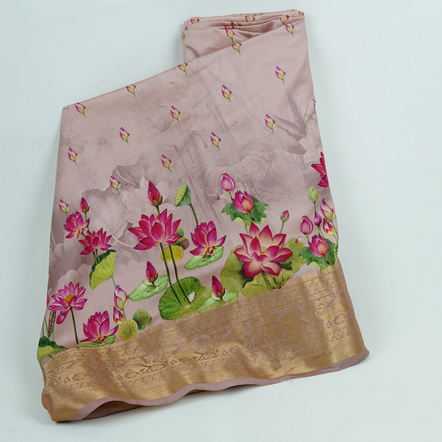 Dusty Lilac Pichwai With Border Chiniya Silk Fabric CW-32574