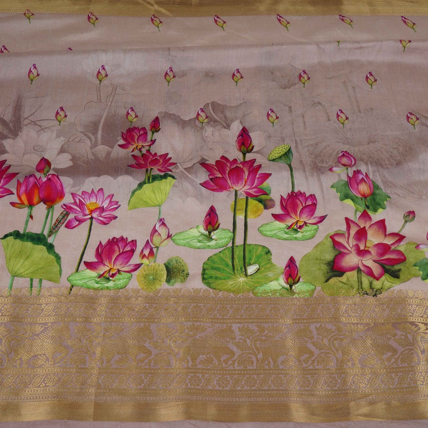 Dusty Lilac Pichwai With Border Chiniya Silk Fabric CW-32574