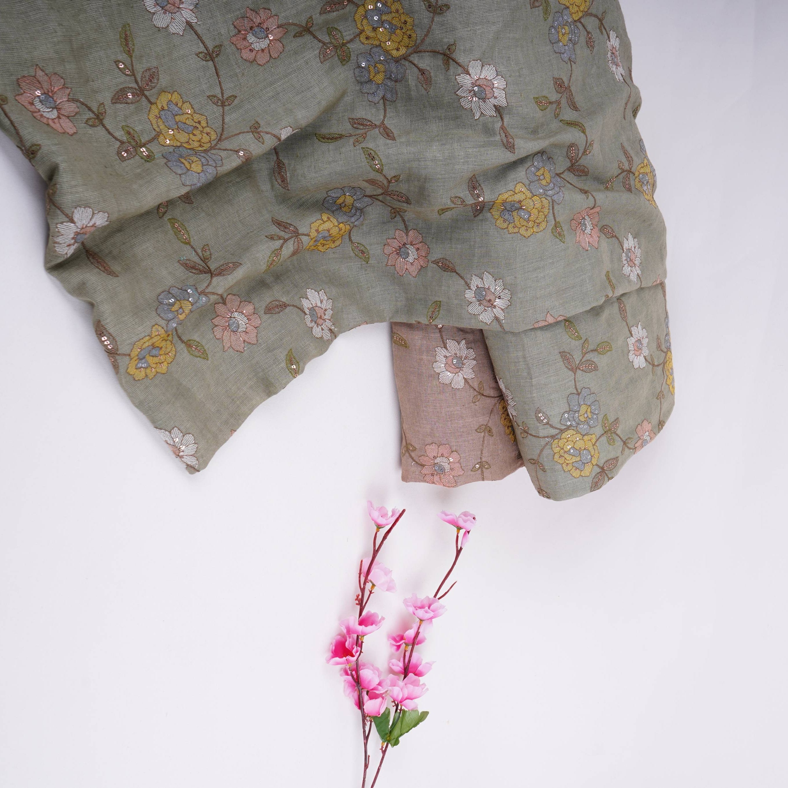 Pista Green floral embroidery Pure Cotton Linen Fabric VI-30994 - TradeUNO