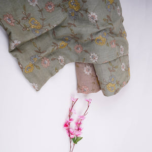 Pista Green floral embroidery Pure Cotton Linen Fabric VI-30994 - TradeUNO
