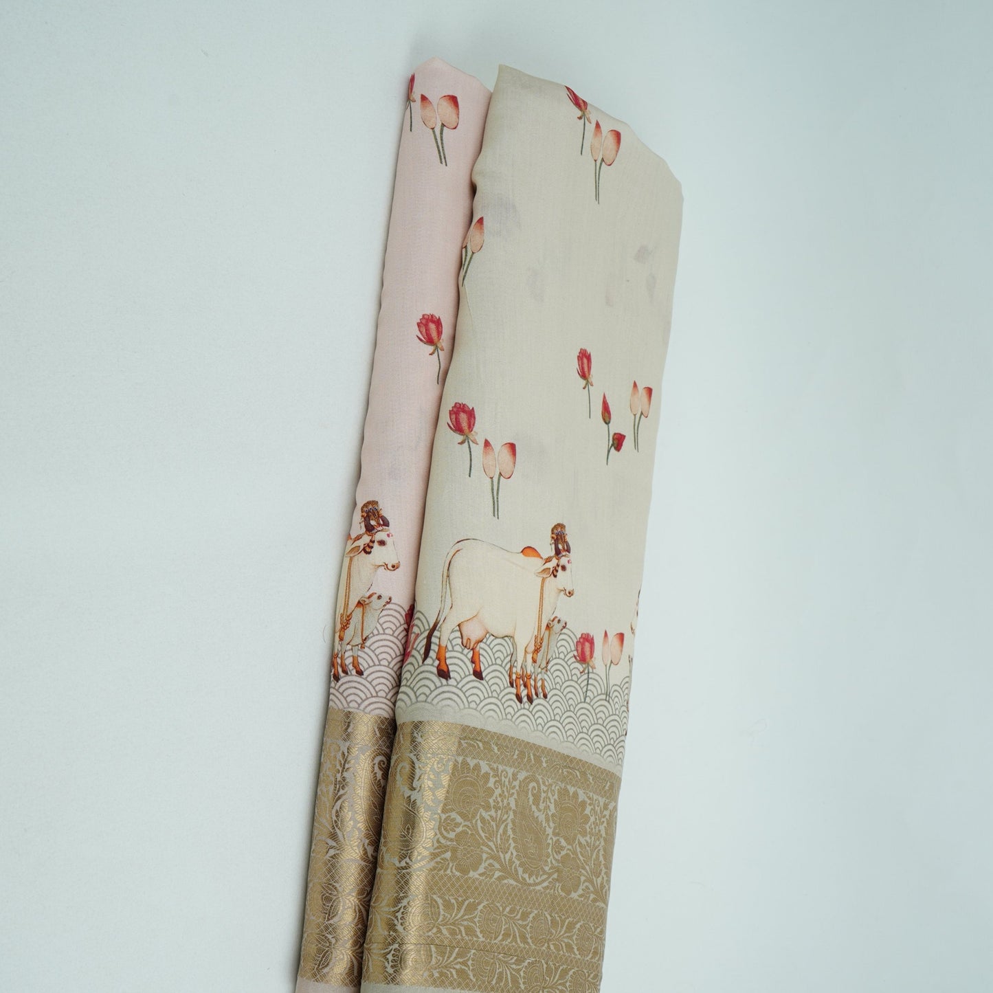 Off White Pichwai With Border Chiniya Silk Fabric CW-32577