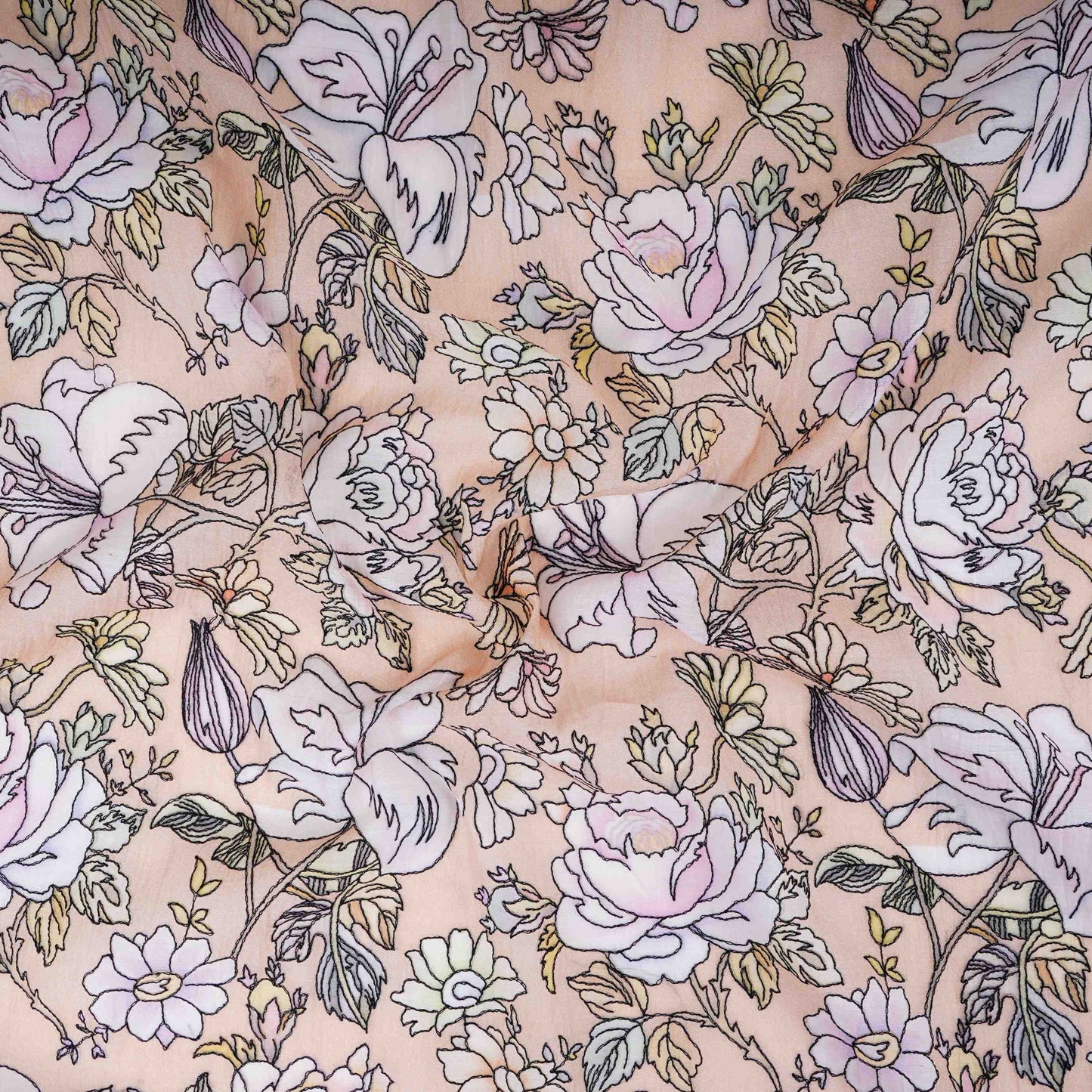 Light Tan floral thread embroidery Pure Cotton Chanderi Fabric VI-31008