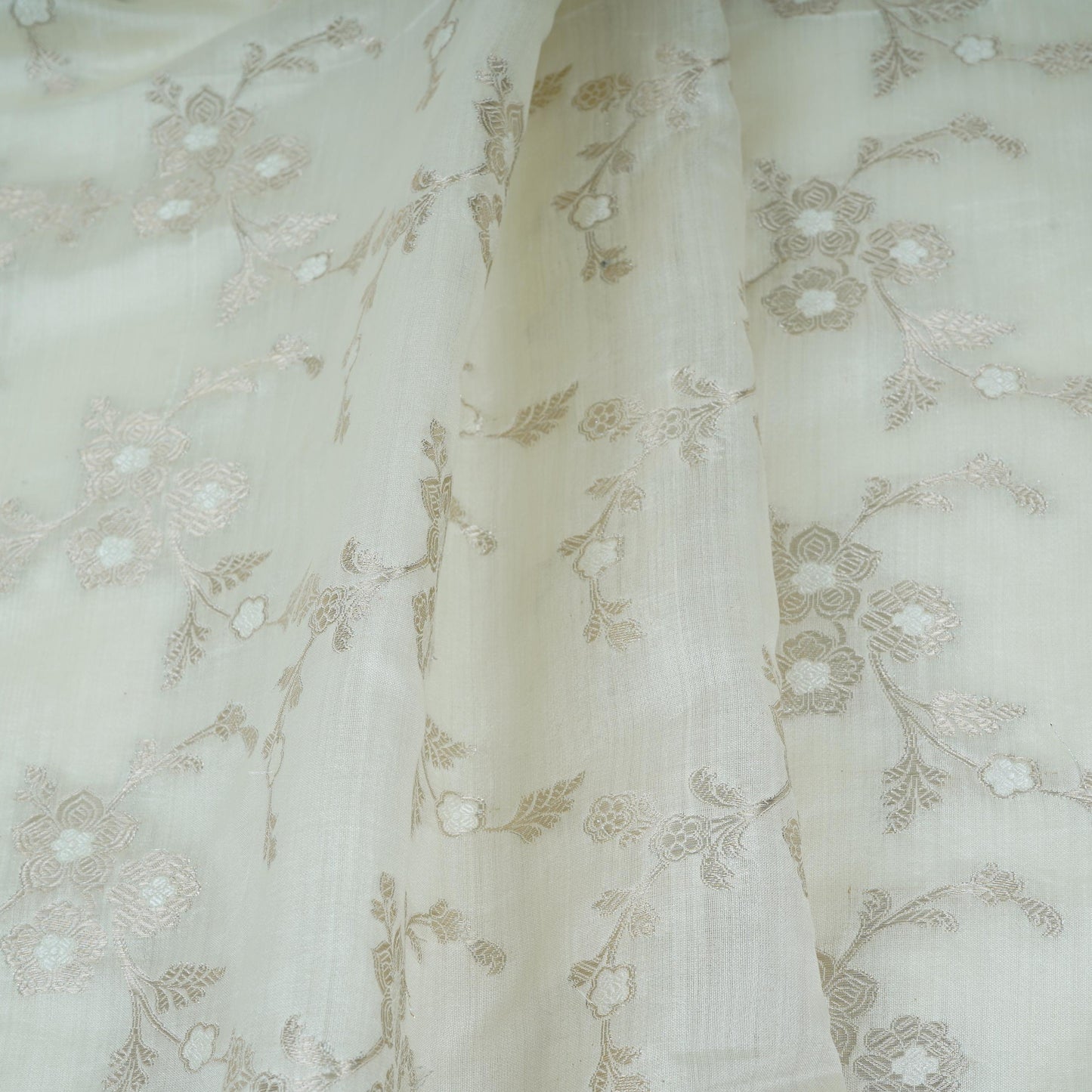 Off White Dyeable Floral Jaal Chiniya Silk Fabric CW-32584