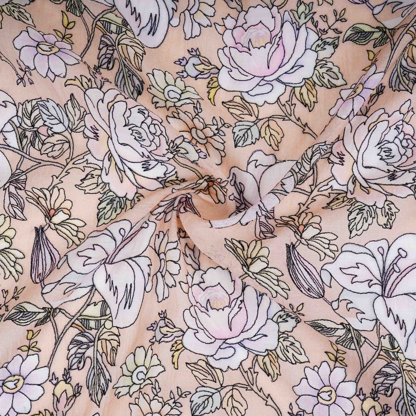 Light Tan floral thread embroidery Pure Cotton Chanderi Fabric VI-31008